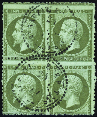 N°19 1c olive bloc de 4 piquage à cheval obl. CaD 