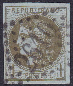 N°39C 1c olive report III obl. GC TB signé Calves