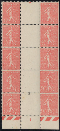 N°199 50c Semeuse lignée papier carton bloc de 10 