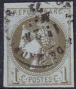 N°39C 1c olive report III obl. TB