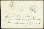 Lettre en franchise avec T17 Cherbourg (aout 1870) + "PP" rouge encadré et au verso cachet noir avec aigle "Service de la flotte aviso le D'Estrées". TB