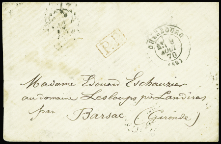 Lettre en franchise avec T17 Cherbourg (aout 1870) + "PP" rouge encadré et au verso cachet noir avec aigle "Service de la flotte aviso le D'Estrées". TB
