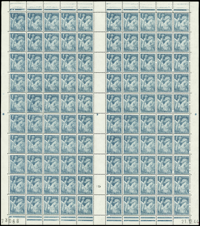 N°650a 1f bleu clair Iris, feuille entière de 100 exemplaires