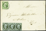 N°11 1c olive en bande de 3 et n°12 5c vert obl. CàD