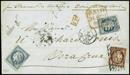 N°4 et 6, 25c bleu (2) et 1f carmin (p.d.) obl. GRILLE SANS FIN s. LSC, càd PARIS 30/7/52, pour VERA CRUZ par voie anglaise, TB