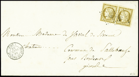N°1 10c bistre-jaune, PAIRE obl. PC 2047 s. LAC, càd T15 MONT-DE-MARSAN 24/2/52, TTB