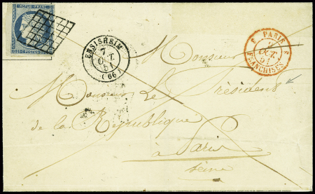 N°4 25c bleu, obl. GRILLE s. LSC, càd T15 ENSISHEIM 7/10/51, adressée au Président de la République, càd rouge E PARIS E FRANCHISES 9/10, TTB