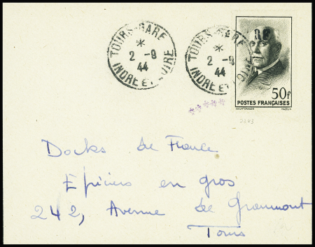 TOURS GARE N°15 50f noir obl. càd TOURS-GARE 2/9/44