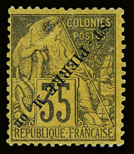 N°27a 35c violet noir s. jaune, variété surcharge renversée,