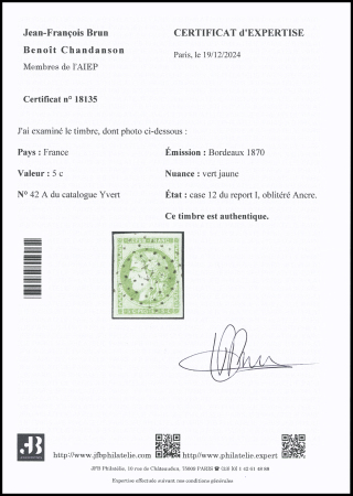 Exceptionnelle oblitération ancre sur n°42A 5c vert-jaune,