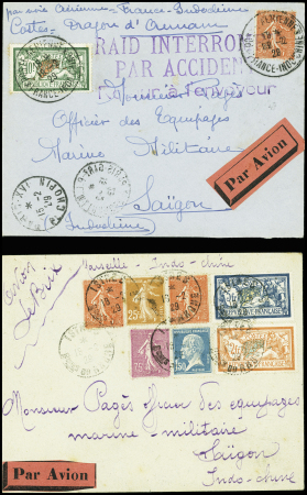 2 lettres : n°199 + 207 obl. Grand CAD "Poste aérienne France-Indochine" sur lettre pour Saïgon avec grande griffe violette