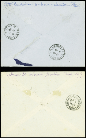 2 lettres : n°199 + 207 obl. Grand CAD "Poste aérienne France-Indochine" sur lettre pour Saïgon avec grande griffe violette