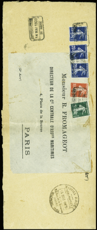 Type semeuse : n°137 + 138 + 140, 3 pièces obl cachet rect "Chambre de commerce du Havre 14 mai 1909" sur lettre pour Paris