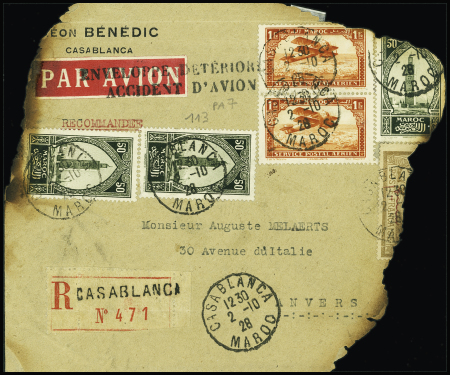 Maroc n°113, 3 pièces + PA7 en paire obl. Casablanca (2.10.28) sur env. recommmandée brûlée pour Anvers - accident de Marsac à Gérone (Nierinck n°281004a)