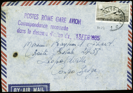 Belgique PA n°28 obl. Bruxelles sur lettre pour Léopoldville avec griffe violette