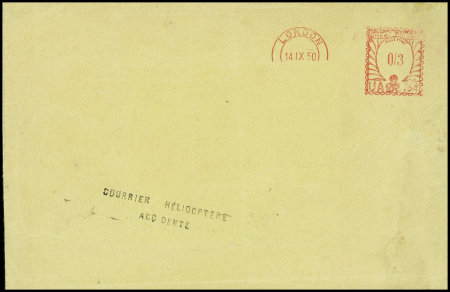 Lettre de Londres (14.9.50) avec griffe belge "Courrier heliocptère accidenté" (sic) et au verso CAD d'arrivée "Liège hélipost" (17.9.50)