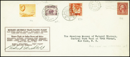 24 mai 1938 - Trans pacific flight Richard Archbold lettre avec AFF mixte USA n°169 + Indes néerlandaises n°237 + Australie n°115 + Seychelles n°120