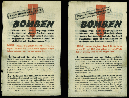 9 tracts alliés en allemand "Bomben" largués sur la Belgique fin 1944 et 1 tract bilingue pour les soldats allemands qui veulent se rendre