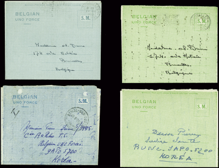 14 formules aérogrammes belges en franchise "Belgian Uno force" vertes ou bleues avec mention "SM" ou "MD" de ou pour un soldat belge pendant la guerre de Corée