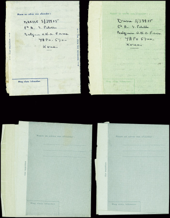 14 formules aérogrammes belges en franchise "Belgian Uno force" vertes ou bleues avec mention "SM" ou "MD" de ou pour un soldat belge pendant la guerre de Corée
