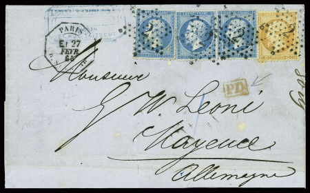 N°22, 3 pièces + 23 obl. Étoile 2 + CAD octogonal de levée exceptionnelle "Paris R. St Lazare E1" (1865) sur lettre pour Mayence (Allemagne)