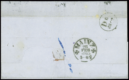 N°22, 3 pièces + 23 obl. Étoile 2 + CAD octogonal de levée exceptionnelle "Paris R. St Lazare E1" (1865) sur lettre pour Mayence (Allemagne)