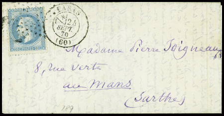 N°29 obl étoile muette + CAD "Paris (60)" (24 sept 70) sur lettre, arrivée 22 oct (Le Victor Hugo probable). TB