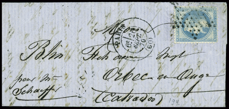 N°29 obl étoile muette + CAD "Paris (60)" (26 sept 70) sur ballon monté pour Orbec-en-Auge (Calvados), arrivée 21 oct (Le Victor Hugo probable). TB