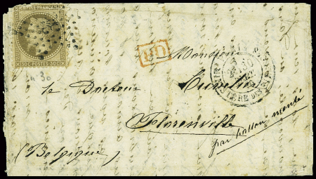 N°30 (def) obl étoile 35 + CAD "Paris Ministère des finances" (30 sept 70) sur ballon monté pour Florenville  (Belgique), arrivée 13 oct  (Le Louis Blanc)