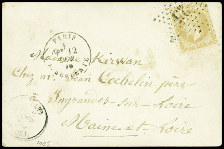 N°28 obl étoile 25 + CAD "Paris R. Bonaparte" (12 oct 70) sur carte pour Ingrandes sur Loire (Maine-et-Loire), arrivée 23 oct (Le Godefroy Cavaignac)