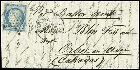N°37 obl étoile muette + CAD "Paris (60)" (27 oct 70) sur ballon monté pour Orbec-en-Auge (Calvados, arrivée 4 nov (Le Colonel Charras). TB