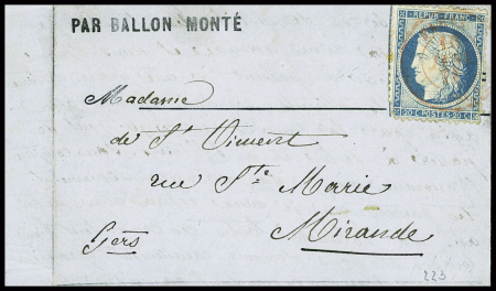 N°37 obl CAD rouge "Paris (SC)" (16 janv 71) sur ballon monté pour Mirande (Gers) avec au verso arrivée 29 janv 71 et cachet rouge