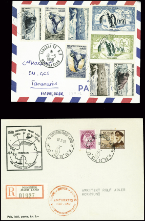 8 lettres avec bons affranchissements des TAAF dont PA2, PA3, PA14, PA7. Est jointe une lettre AFF Norvège obl. Maud Land (10.2.51). TB
