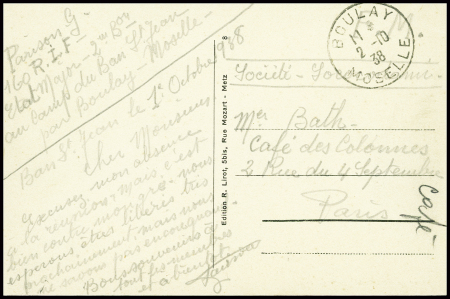 Carte postale en franchise avec CAD "Boulay Moselle" (2.10.38). Première mobilisation lors de la crise de Munich. TB