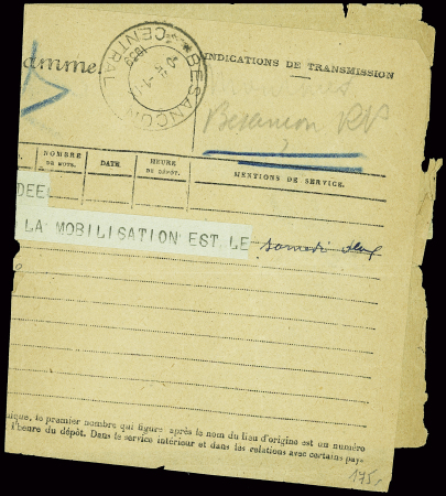Télégramme (pli d'archive) avec grand CAD "Besançon central" (1.9.39) avec texte partiellement manuscrit
