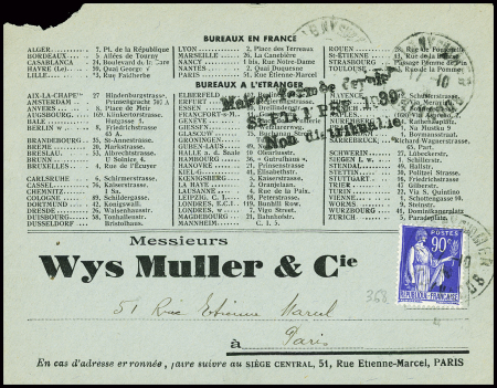 N°368 obl "Isigny sur Mer Calvados" (17.10.39) sur env "Wys Muller et Cie" (considérée comme entreprise ennemie) avec griffe noire