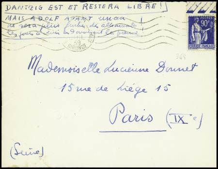 N°368 obl Bordeaux (juil 1939) sur lettre avec mention manuscrite de l'expéditeur