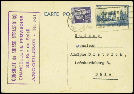 N°363 obl Angoulême Charente (19.10.39) sur entier carte postale 70c bleu Arc de Triomphe avec cachet rect violet