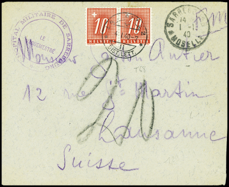 Lettre en franchise avec CAD "Sarreguemines Moselle" (1.11.40) + cachet violet "Hopital militaire de Sarreguemines le vaguemestre" pour Lausanne