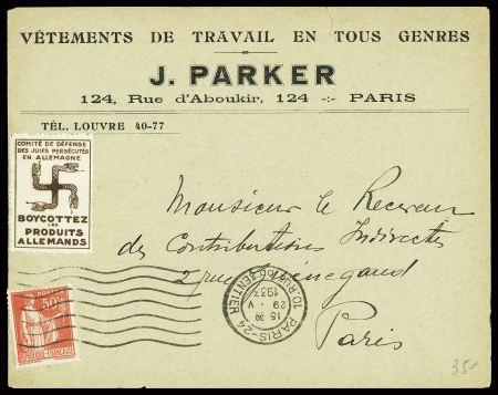 N°283 obl Paris 24 (29.5.1933) sur lettre avec vignette brune avec croix gammée en forme de vipères