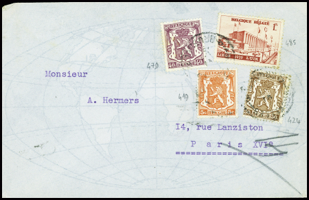 N°419 + 424 + 479 + 485 obl Bruxelles sur lettre pour Paris avec au verso vignette bleu clair (croix gammée et cadavres)