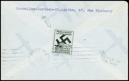 N°419 + 424 + 479 + 485 obl Bruxelles sur lettre pour Paris avec au verso vignette bleu clair (croix gammée et cadavres)