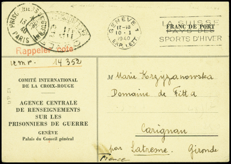 Carte postale de la Croix-Rouge suisse obl Genève (10.1.40) pour Carignan (Gironde) avec CAD "Prisonniers de guerre Paris" (13.1.40)