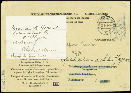 Env à en-tête "Kriegsgefangenenpost" avec CAD "Berlin-Charlottenburg" (5.2.40) pour un blessé allemand à l'hopital militaire de Châlons sur Marne, RR 