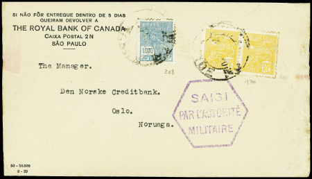 Brésil n°170 en paire + 208 obl Sao Paulo (20.4.40) sur lettre pour la Norvège avec grand cachet hex violet "Saisi par l'autorité militaire". TB