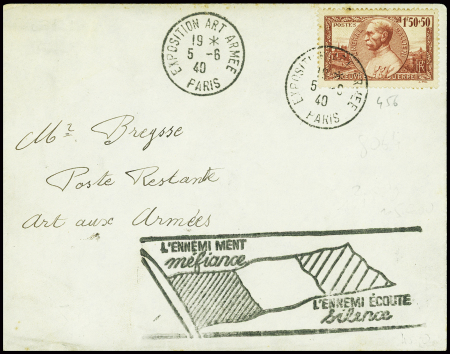 N°456 obl CAD "Exposition art armée Paris" (5.6.40) sur lettre avec cachet illustré d'un drapeau français