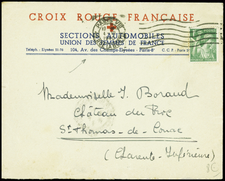 N°432 obl Paris VIII (4.6.1940) sur lettre à en-tête "Croix-Rouge française sections automobiles Union des Femmes de France". TB
