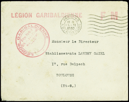 Lettre en franchise avec obl mec de Paris (15.2.1940) + cachet rouge "Légion Garibaldienne - siège central 224 rue de Rivoli - Paris 1er" et griffe rouge