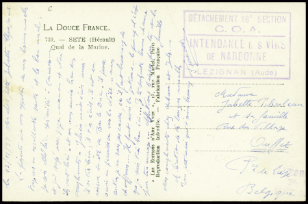Carte postale avec cachet rect violet "Détachement 16e section COA intendance des vins de Narbonne Lézignan (Aude)" (1939). TB