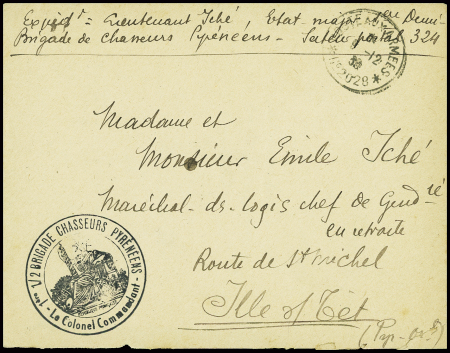 Lettre en franchise avec CAD "Poste aux armées n°2028" (1939 - Morteau Doubs) + cachet noir avec déesse assise
